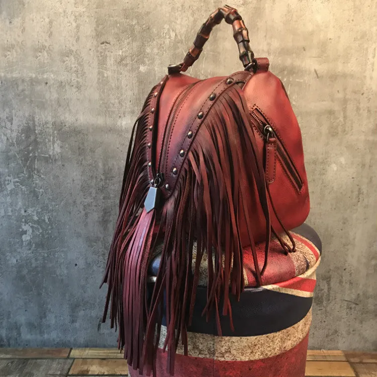 Black Leather Fringe Crossbody Purse For Women Vintage Boho Bags