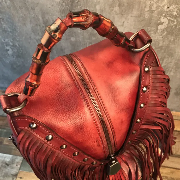 Black Leather Fringe Crossbody Purse For Women Vintage Boho Bags