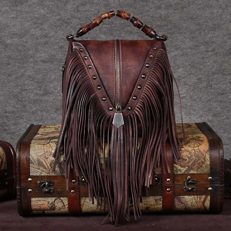 Black Leather Fringe Crossbody Purse For Women Vintage Boho Bags