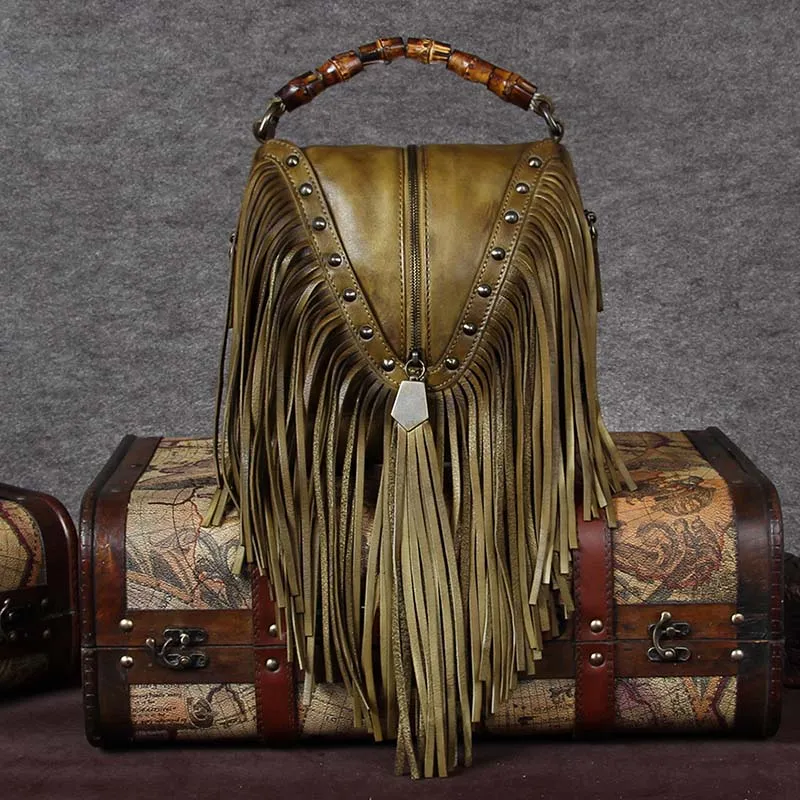 Black Leather Fringe Crossbody Purse For Women Vintage Boho Bags