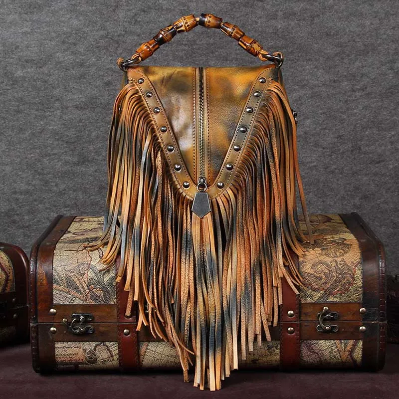 Black Leather Fringe Crossbody Purse For Women Vintage Boho Bags