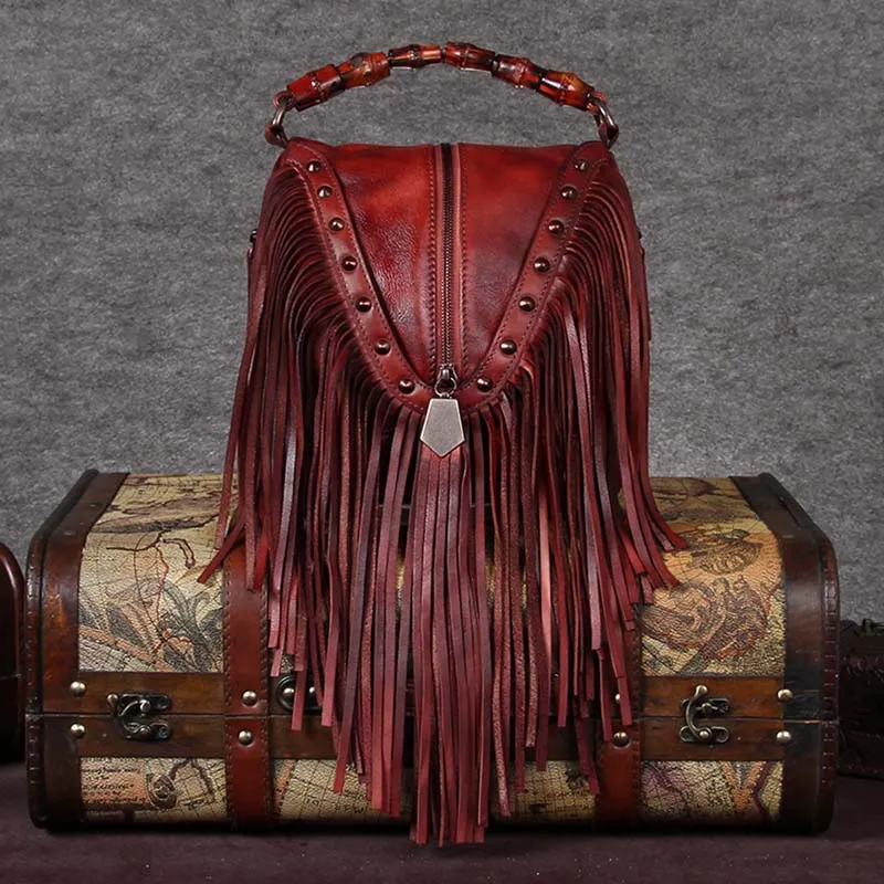 Black Leather Fringe Crossbody Purse For Women Vintage Boho Bags