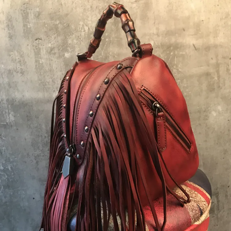Black Leather Fringe Crossbody Purse For Women Vintage Boho Bags