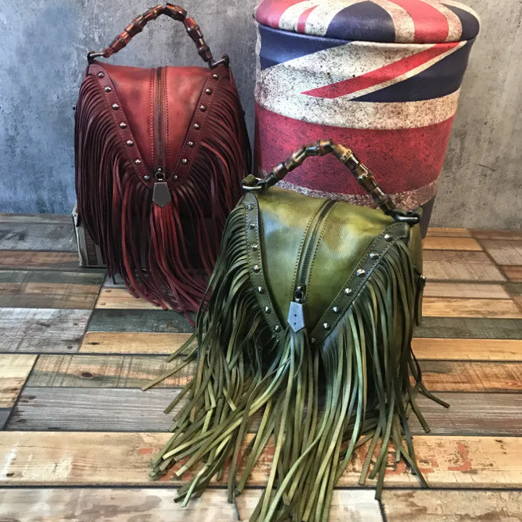 Black Leather Fringe Crossbody Purse For Women Vintage Boho Bags