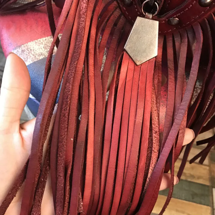 Black Leather Fringe Crossbody Purse For Women Vintage Boho Bags