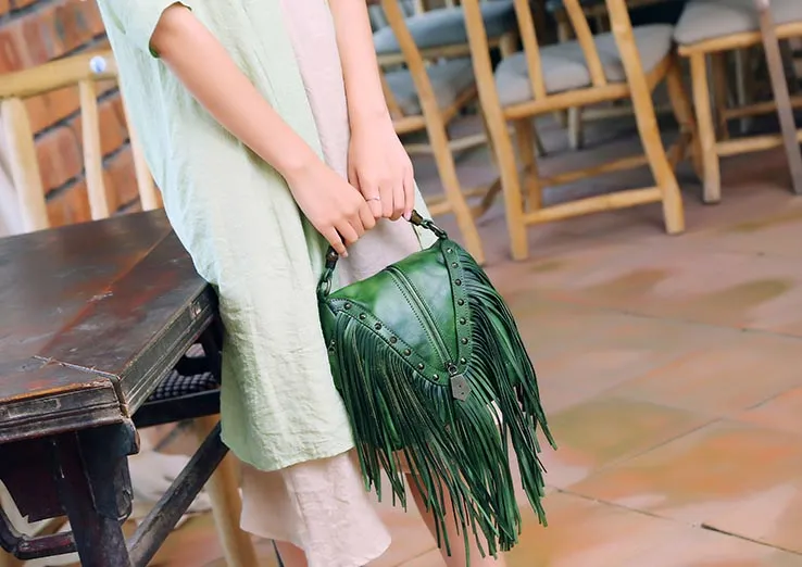 Black Leather Fringe Crossbody Purse For Women Vintage Boho Bags