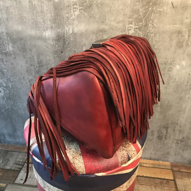 Black Leather Fringe Crossbody Purse For Women Vintage Boho Bags