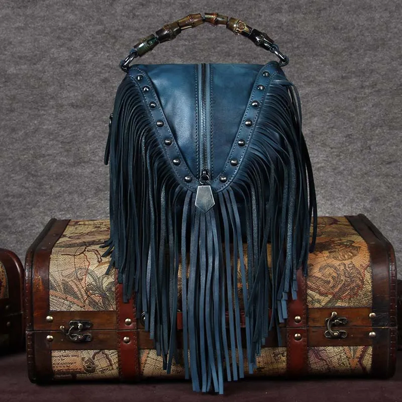 Black Leather Fringe Crossbody Purse For Women Vintage Boho Bags
