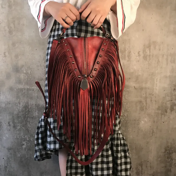 Black Leather Fringe Crossbody Purse For Women Vintage Boho Bags