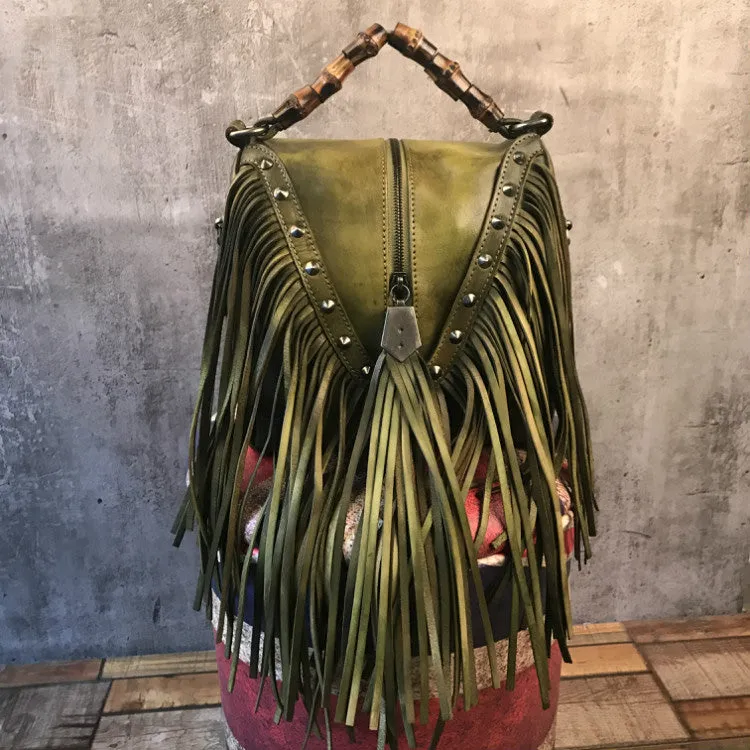 Black Leather Fringe Crossbody Purse For Women Vintage Boho Bags