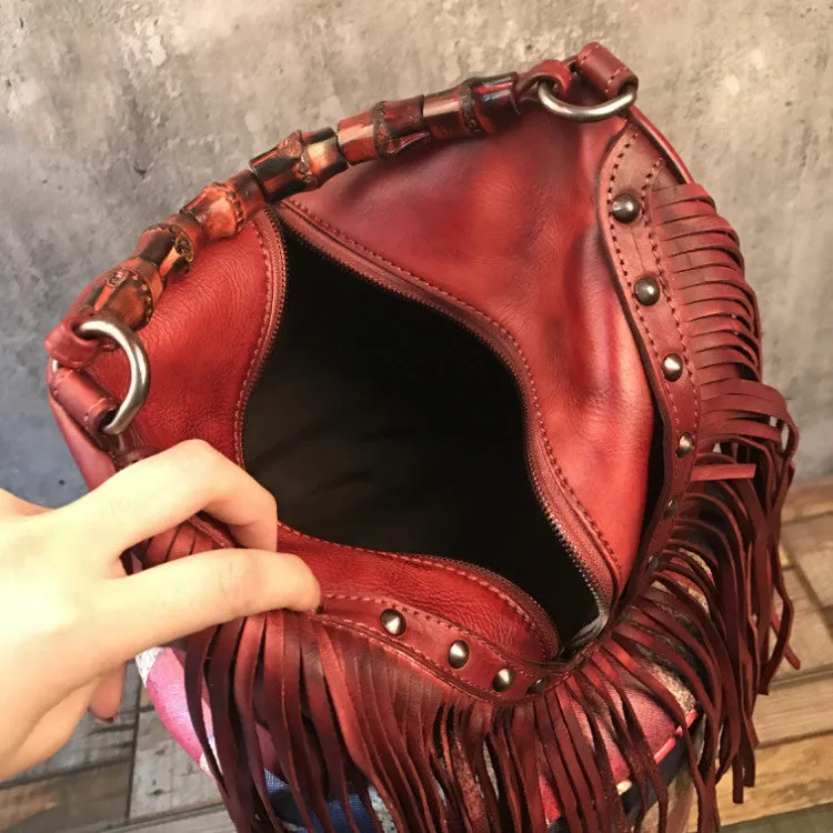 Black Leather Fringe Crossbody Purse For Women Vintage Boho Bags