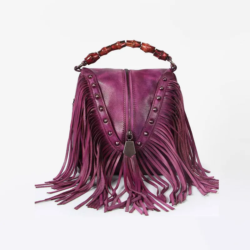 Black Leather Fringe Crossbody Purse For Women Vintage Boho Bags