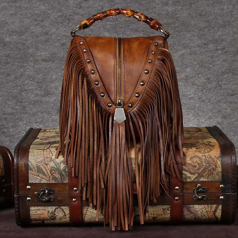 Black Leather Fringe Crossbody Purse For Women Vintage Boho Bags