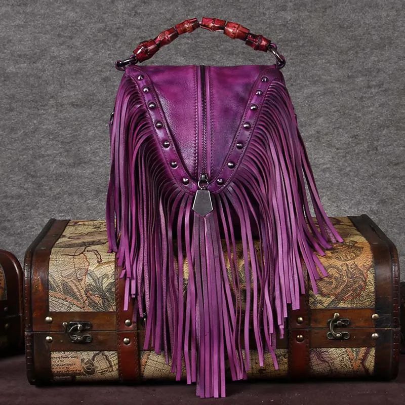 Black Leather Fringe Crossbody Purse For Women Vintage Boho Bags