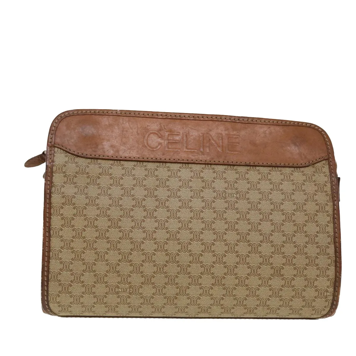 CELINE Macadam Canvas Clutch Bag PVC Leather Beige Auth 45077