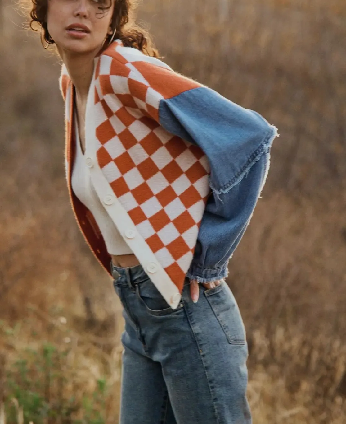 Checkered Denim Sleeve Cardigan