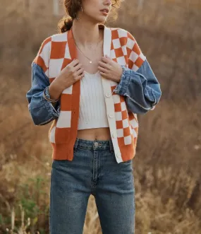 Checkered Denim Sleeve Cardigan