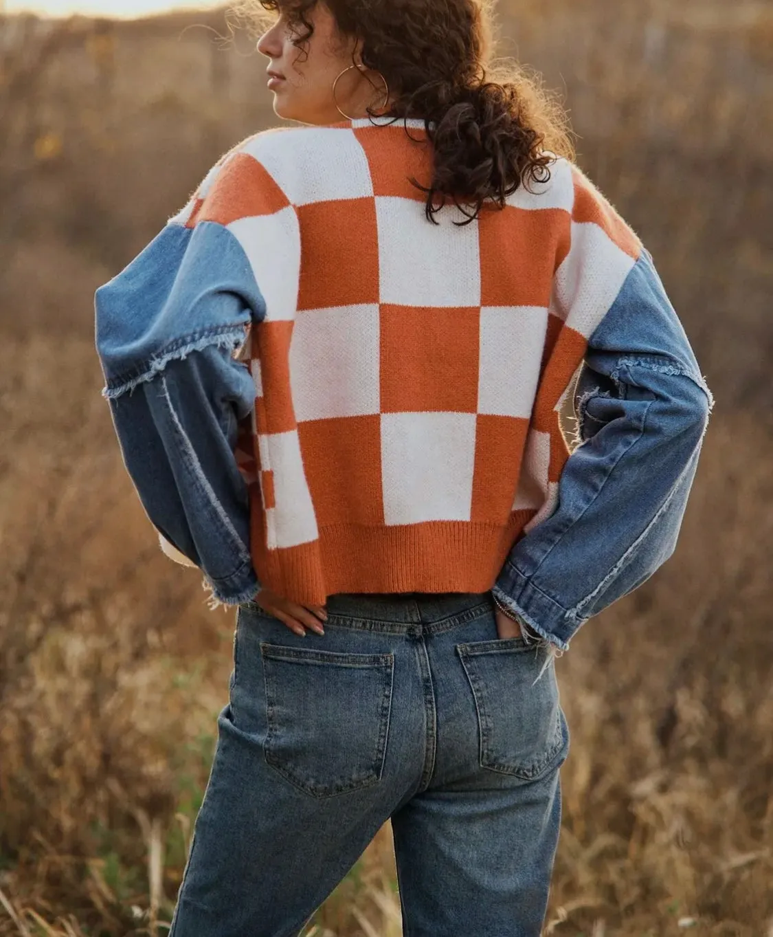 Checkered Denim Sleeve Cardigan