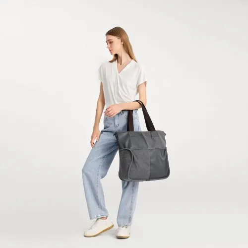 EH2221 - Kono Paneled Contrast Large Capacity Canvas Shoulder Bag in Grey - Durable & Stylish