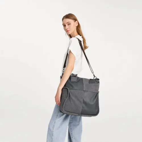 EH2221 - Kono Paneled Contrast Large Capacity Canvas Shoulder Bag in Grey - Durable & Stylish