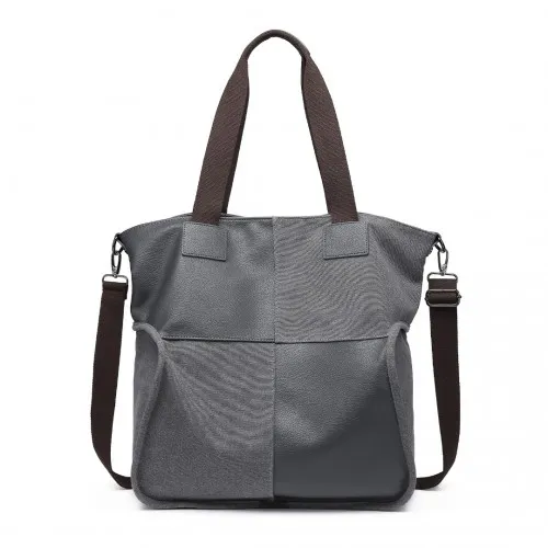 EH2221 - Kono Paneled Contrast Large Capacity Canvas Shoulder Bag in Grey - Durable & Stylish