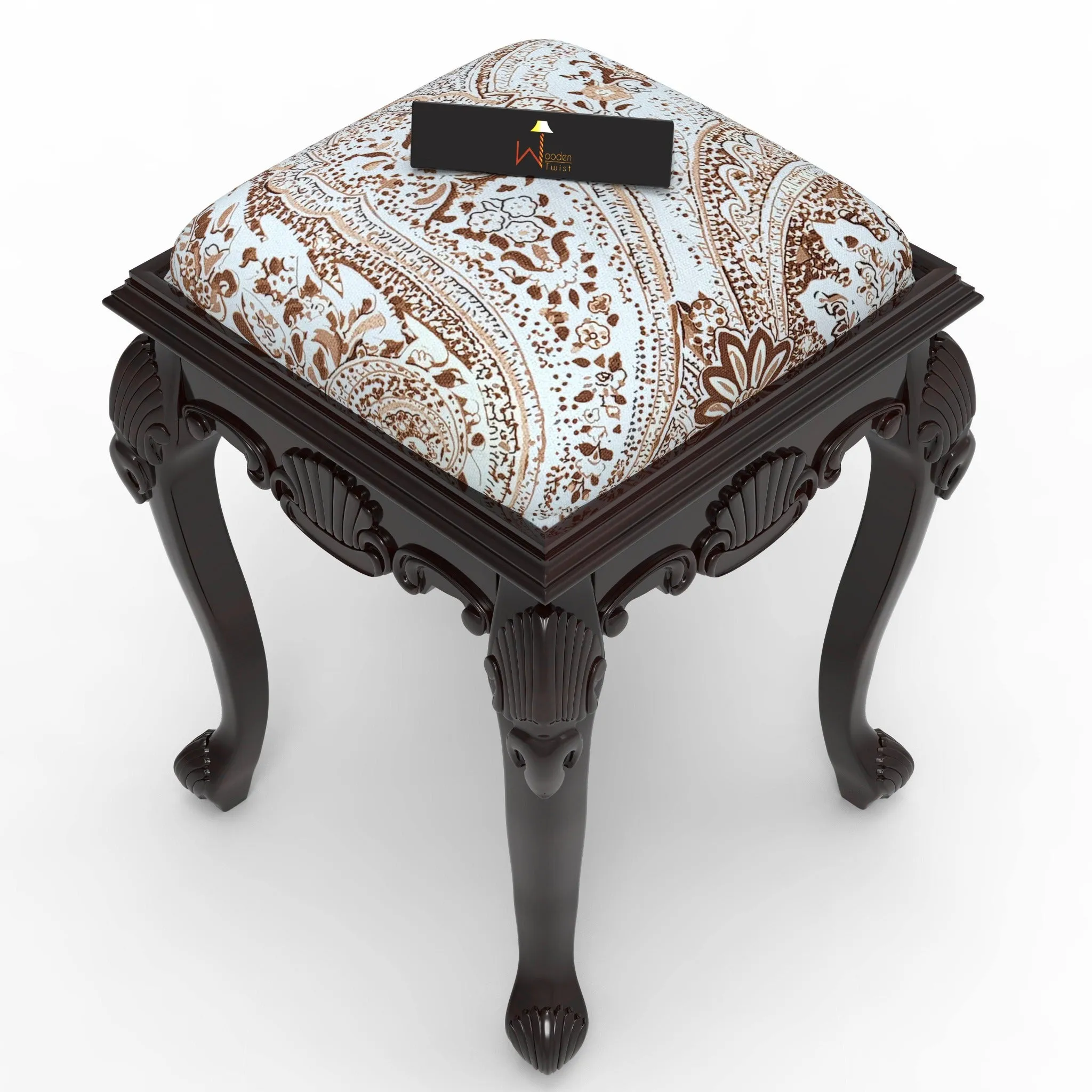 Elegant Hand Carved Teak Wood Stool in Premium Fabric