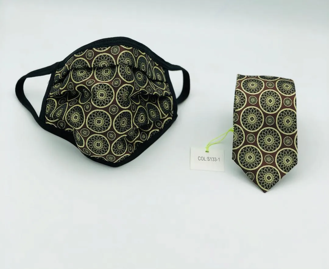 Face Mask & Tie Set S133-1 Brown/Gold Circles