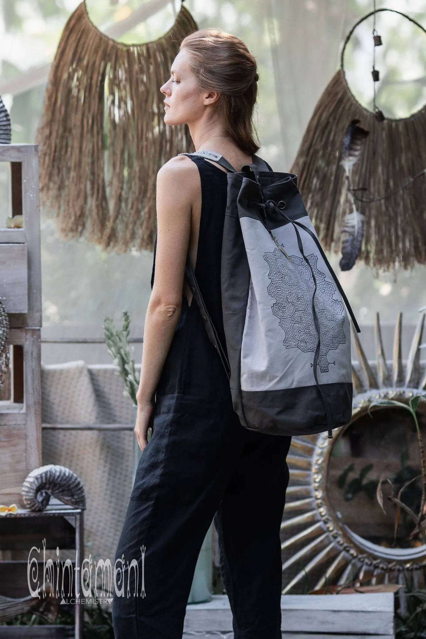 Giant Cotton Canvas Torba Backpack with Shipibo Print / Grey