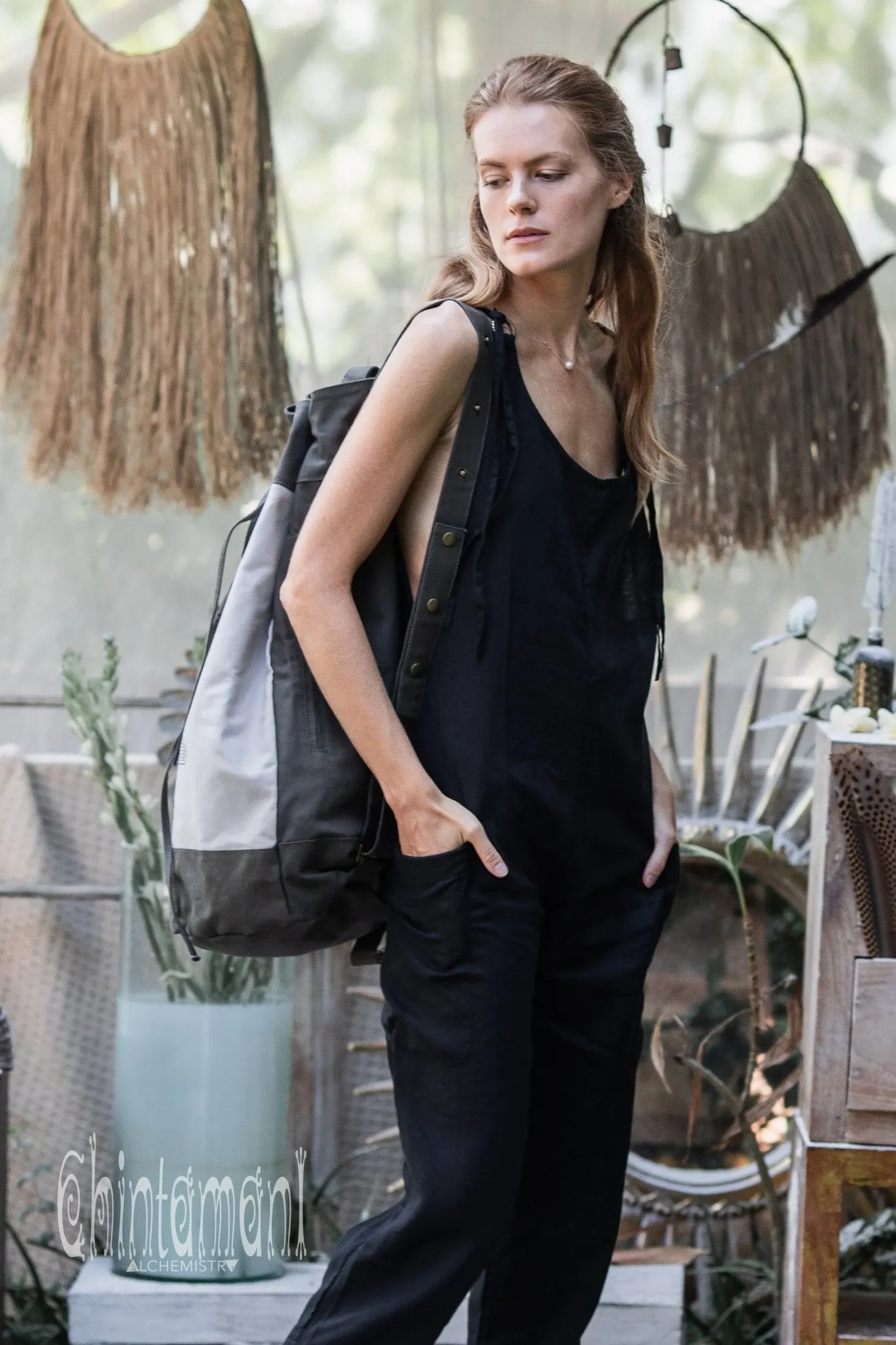 Giant Cotton Canvas Torba Backpack with Shipibo Print / Grey