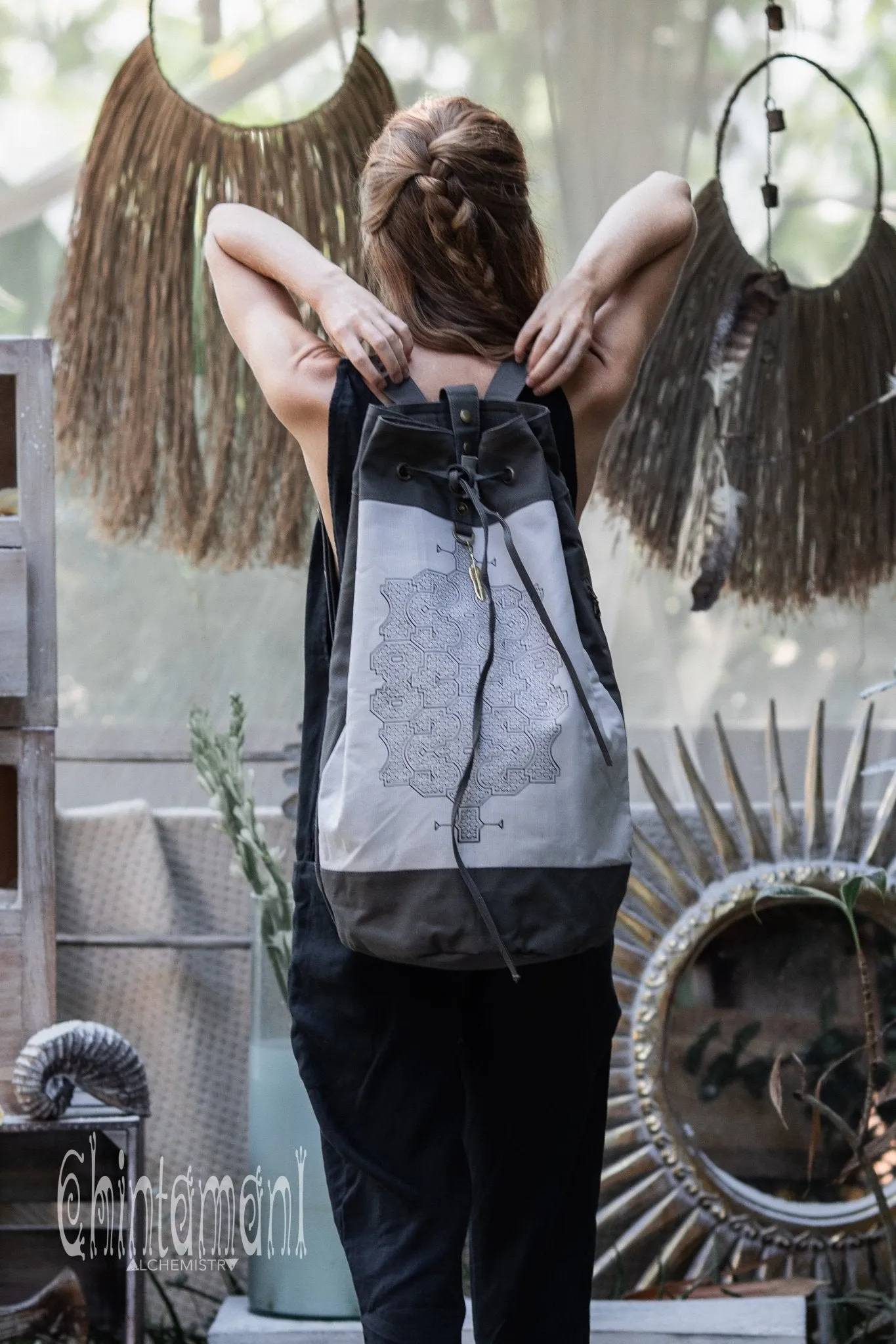 Giant Cotton Canvas Torba Backpack with Shipibo Print / Grey