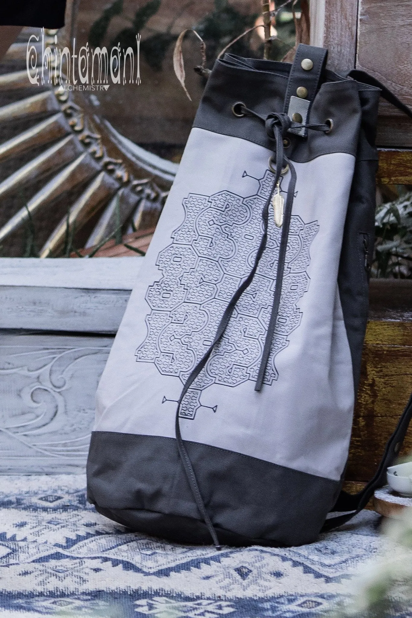 Giant Cotton Canvas Torba Backpack with Shipibo Print / Grey
