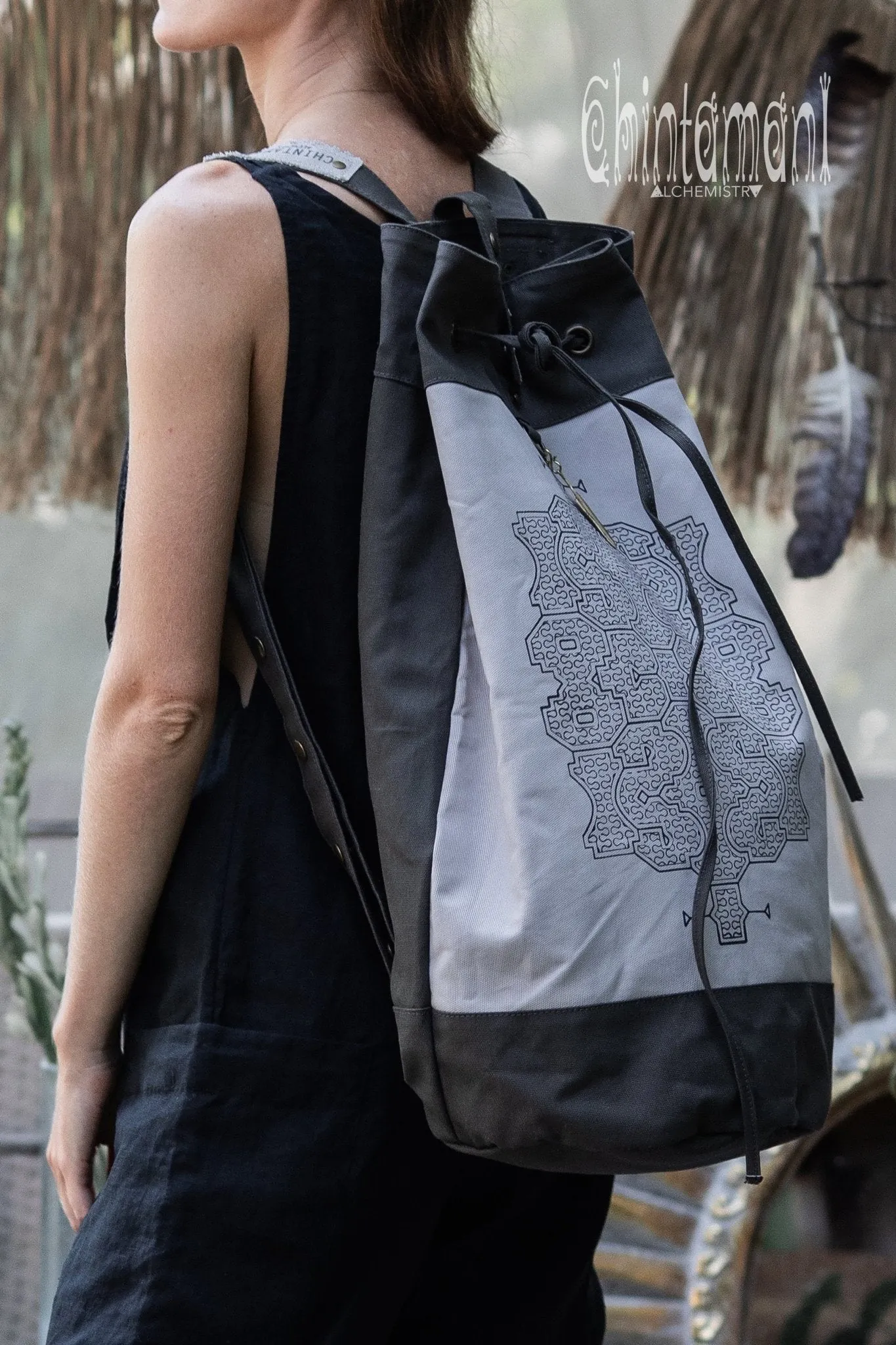 Giant Cotton Canvas Torba Backpack with Shipibo Print / Grey