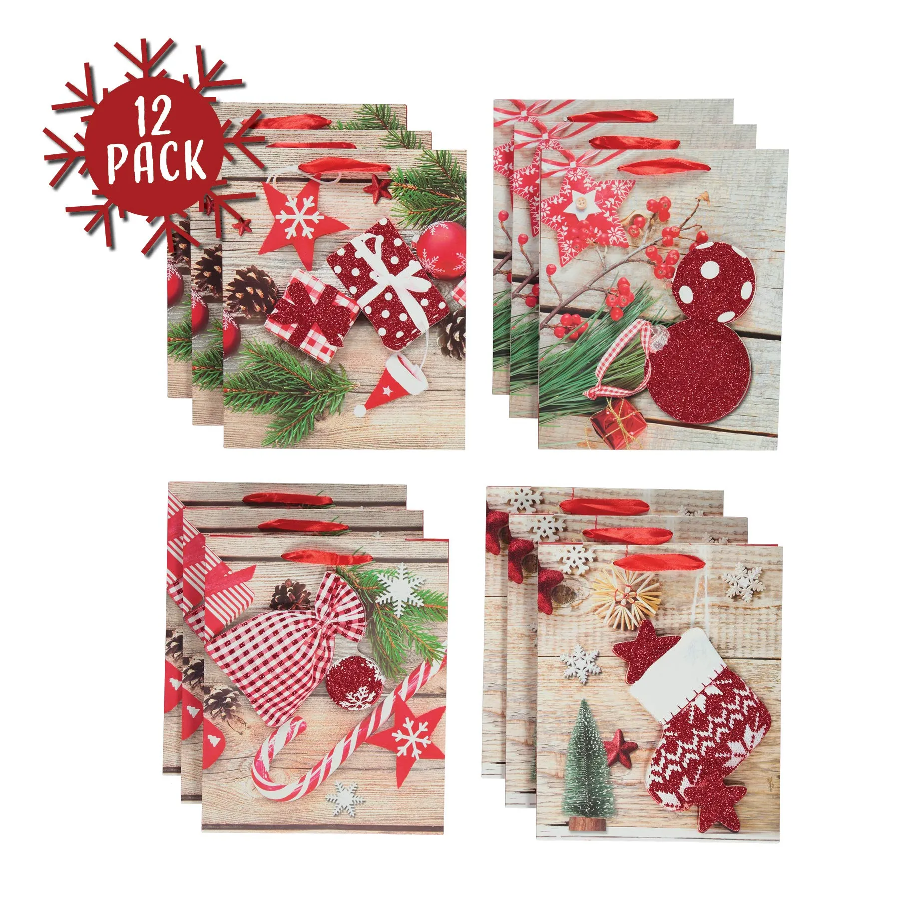 Gift Bags for Christmas - Quality Xmas Gift Bags for Gift Giving - Bulk Mega Pack of 12