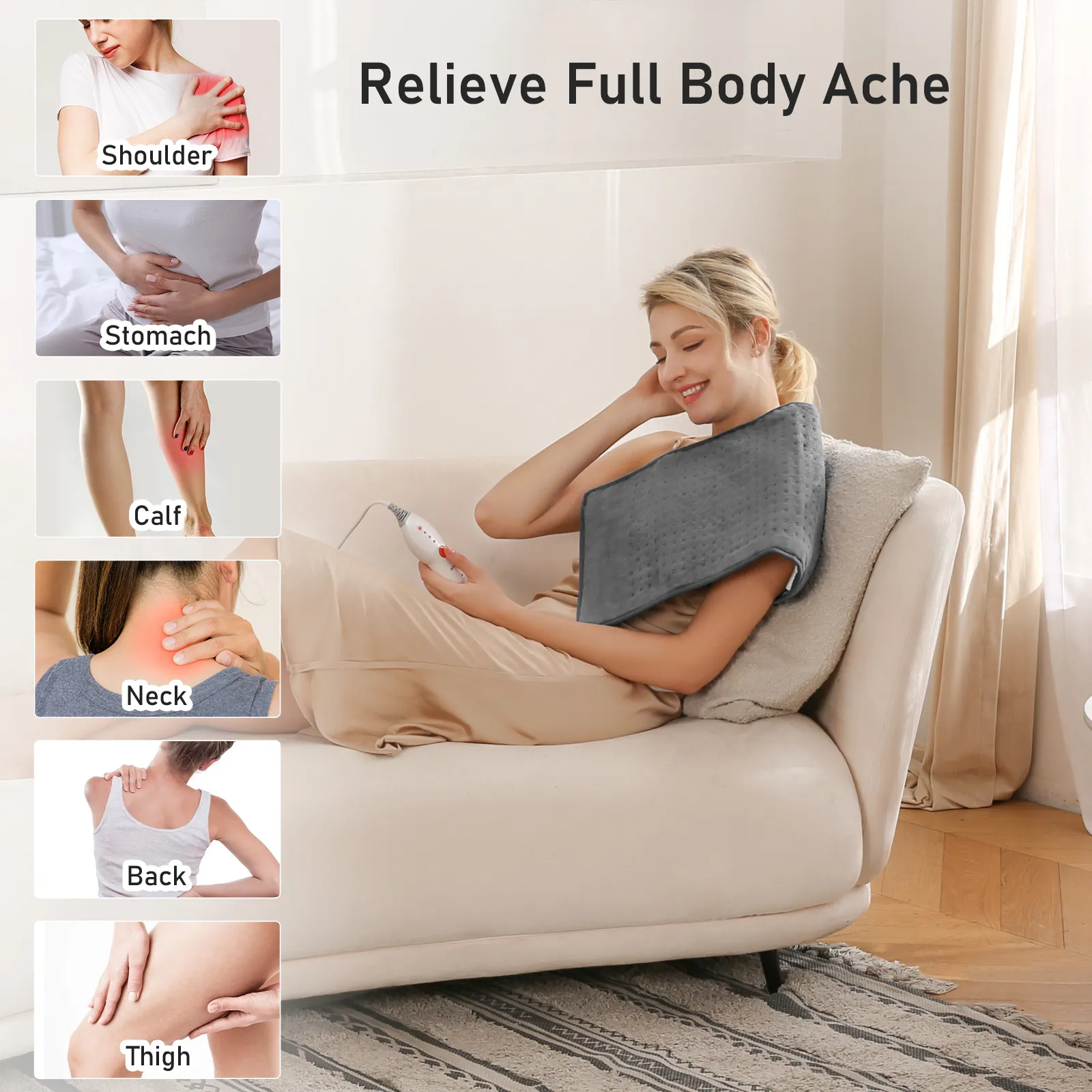 Large 12" x 24" Size Heating Pad with 3 Heat Settings and 2 Hour Auto shut off, Gray