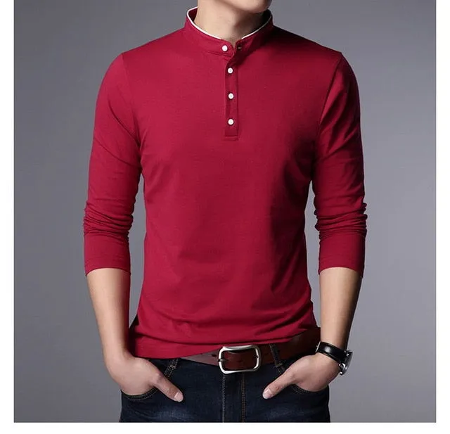 Mandarin Collar Slim Fit Long Sleeve Polo Shirt
