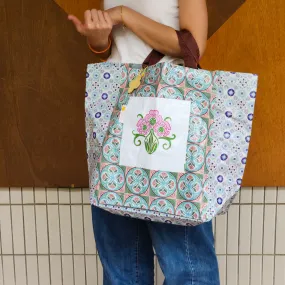 Peranakan Tile Printed Beach Bag - Circle flower