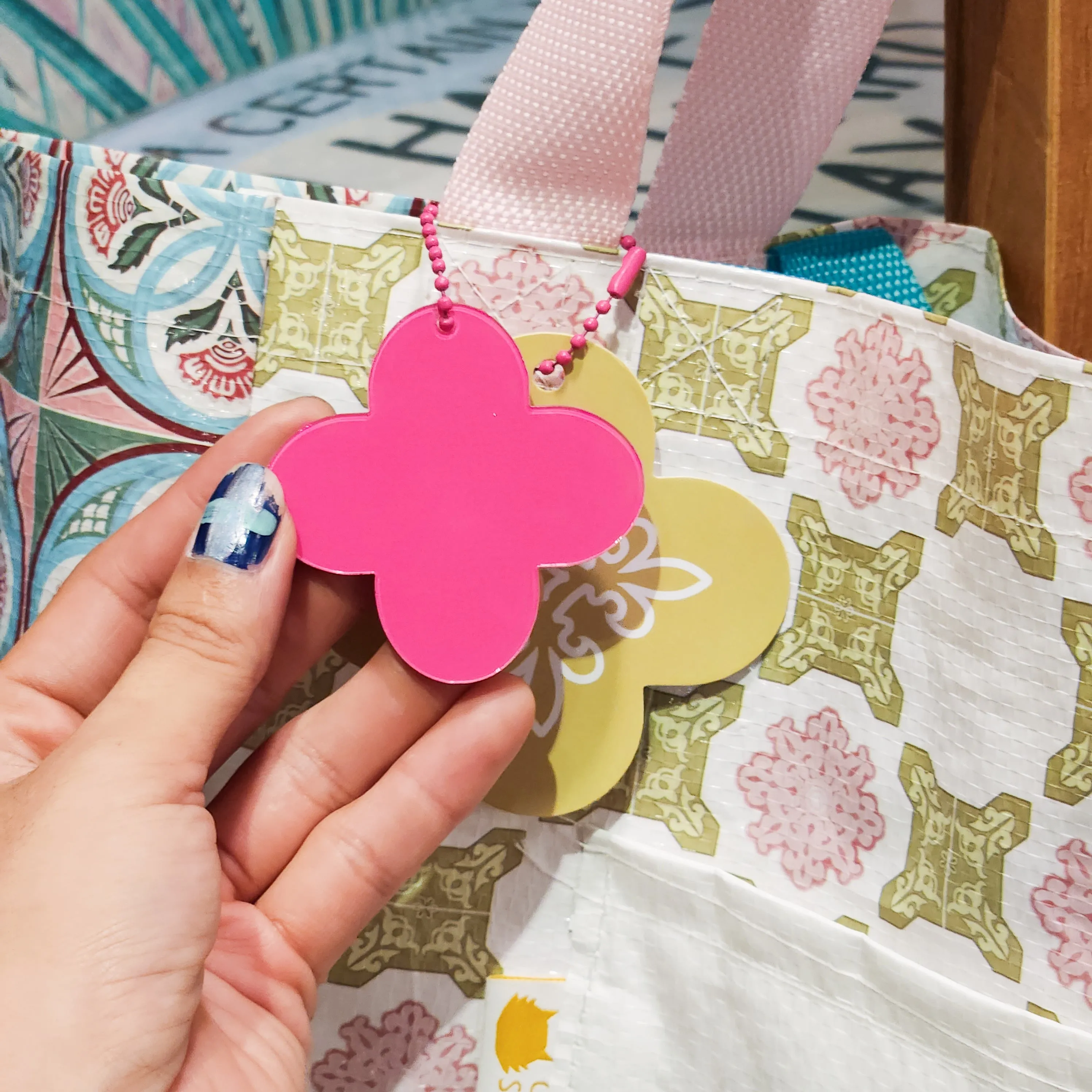 Peranakan Tile Printed Beach Bag - Pink & yellow
