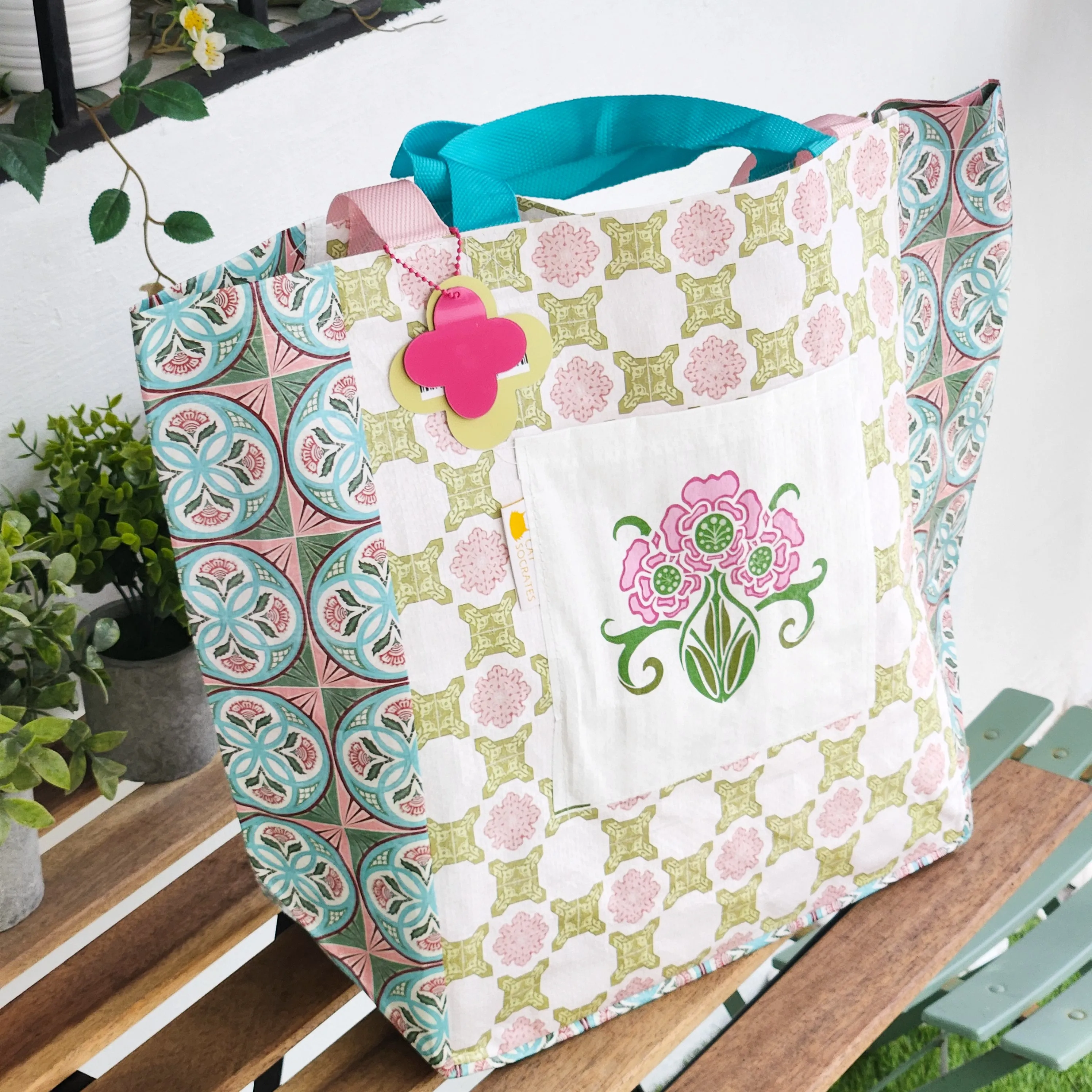 Peranakan Tile Printed Beach Bag - Pink & yellow