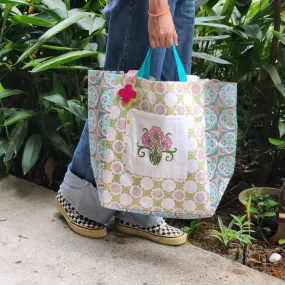 Peranakan Tile Printed Beach Bag - Pink & yellow