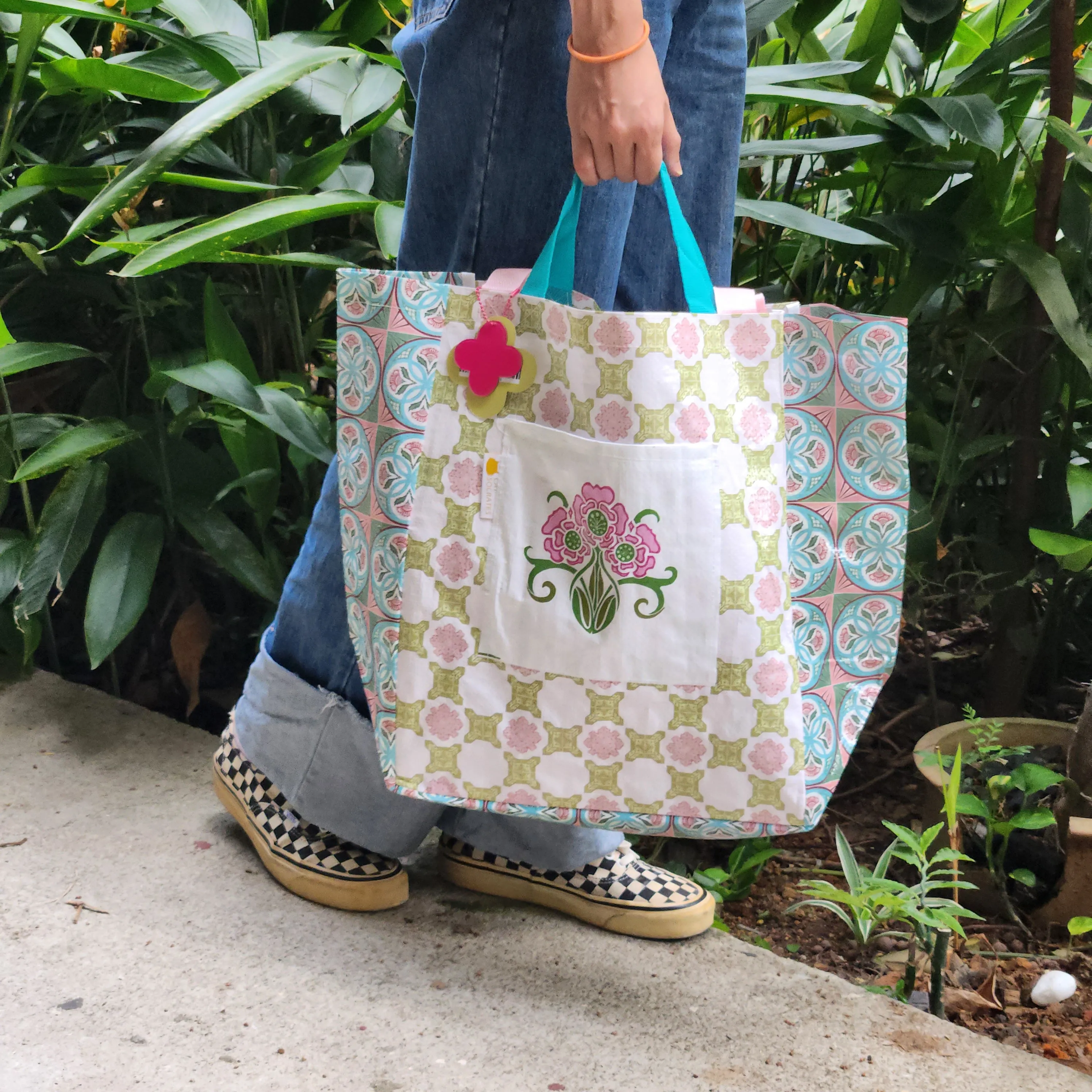 Peranakan Tile Printed Beach Bag - Pink & yellow