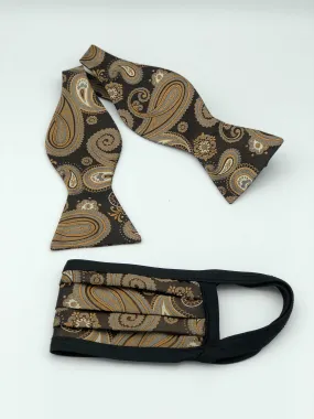 Self Bow Tie & Face Mask Set, Gold Paisely