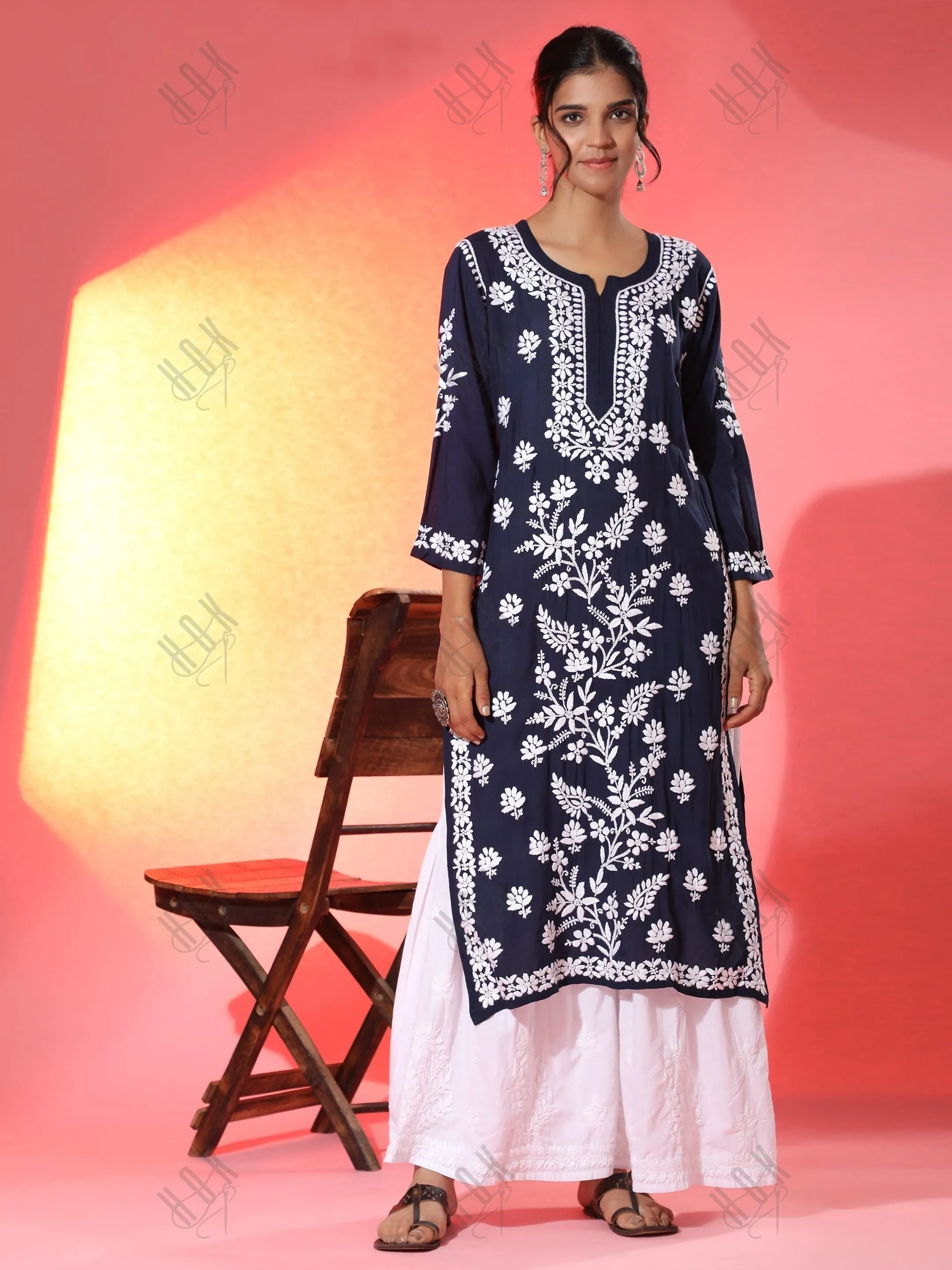 Simran in Premium Hand Embroidery Chikankari Kurta Modal Cotton- Blue