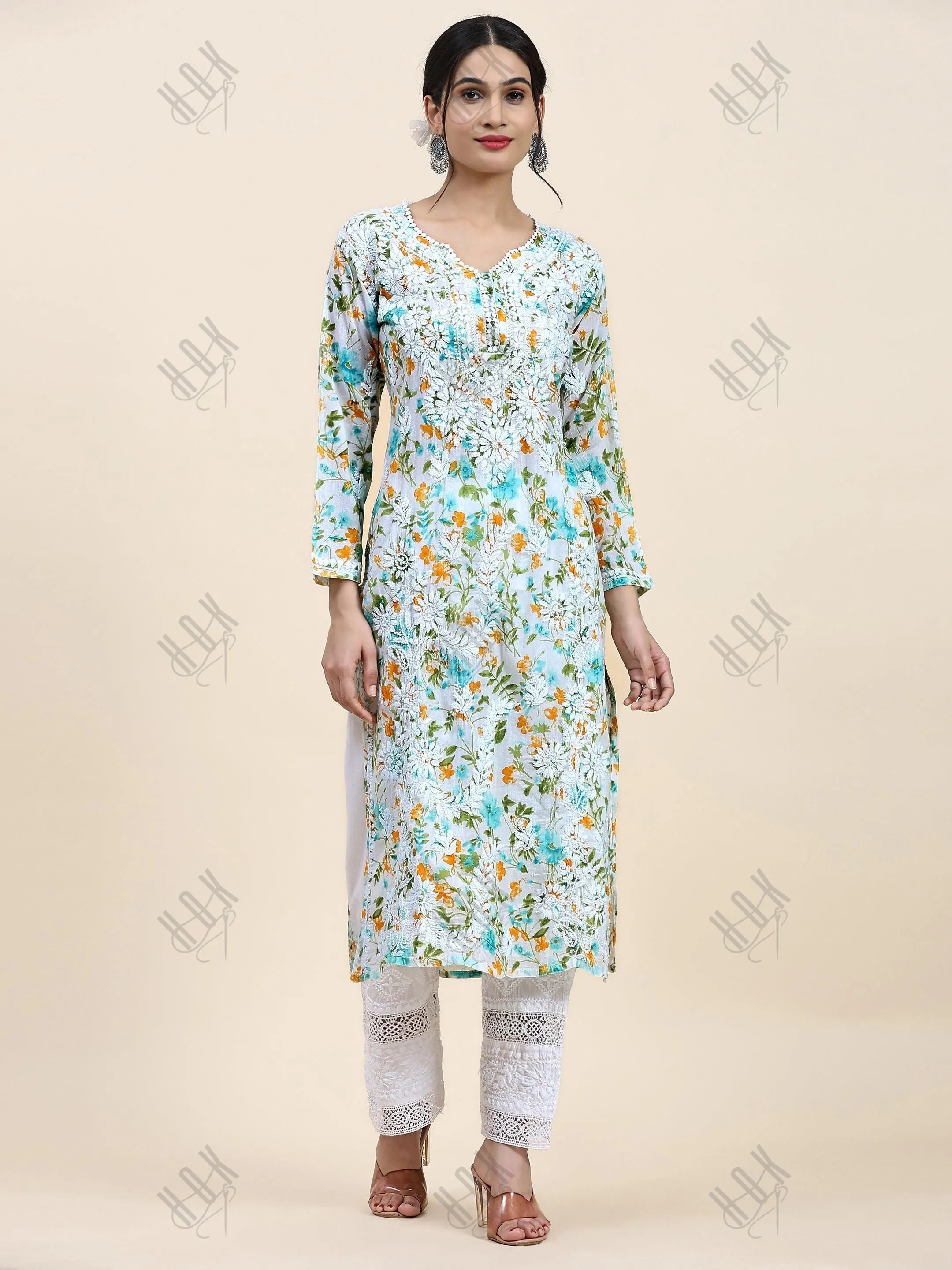 Sukruti in Charming Long Mul Cotton Kurta - Light Green with Yellow Flower