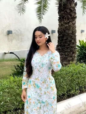 Sukruti in Charming Long Mul Cotton Kurta - Light Green with Yellow Flower