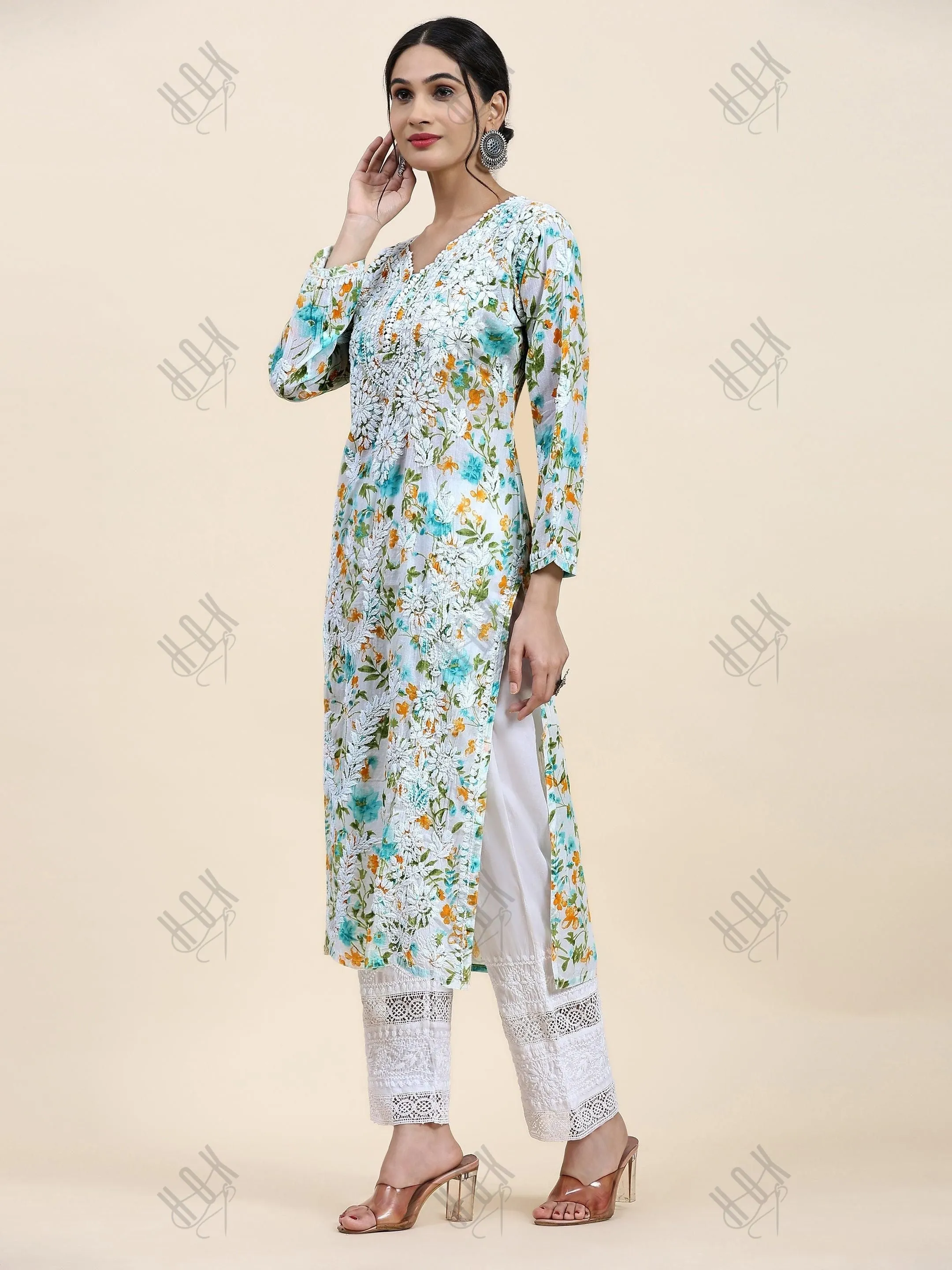 Sukruti in Charming Long Mul Cotton Kurta - Light Green with Yellow Flower