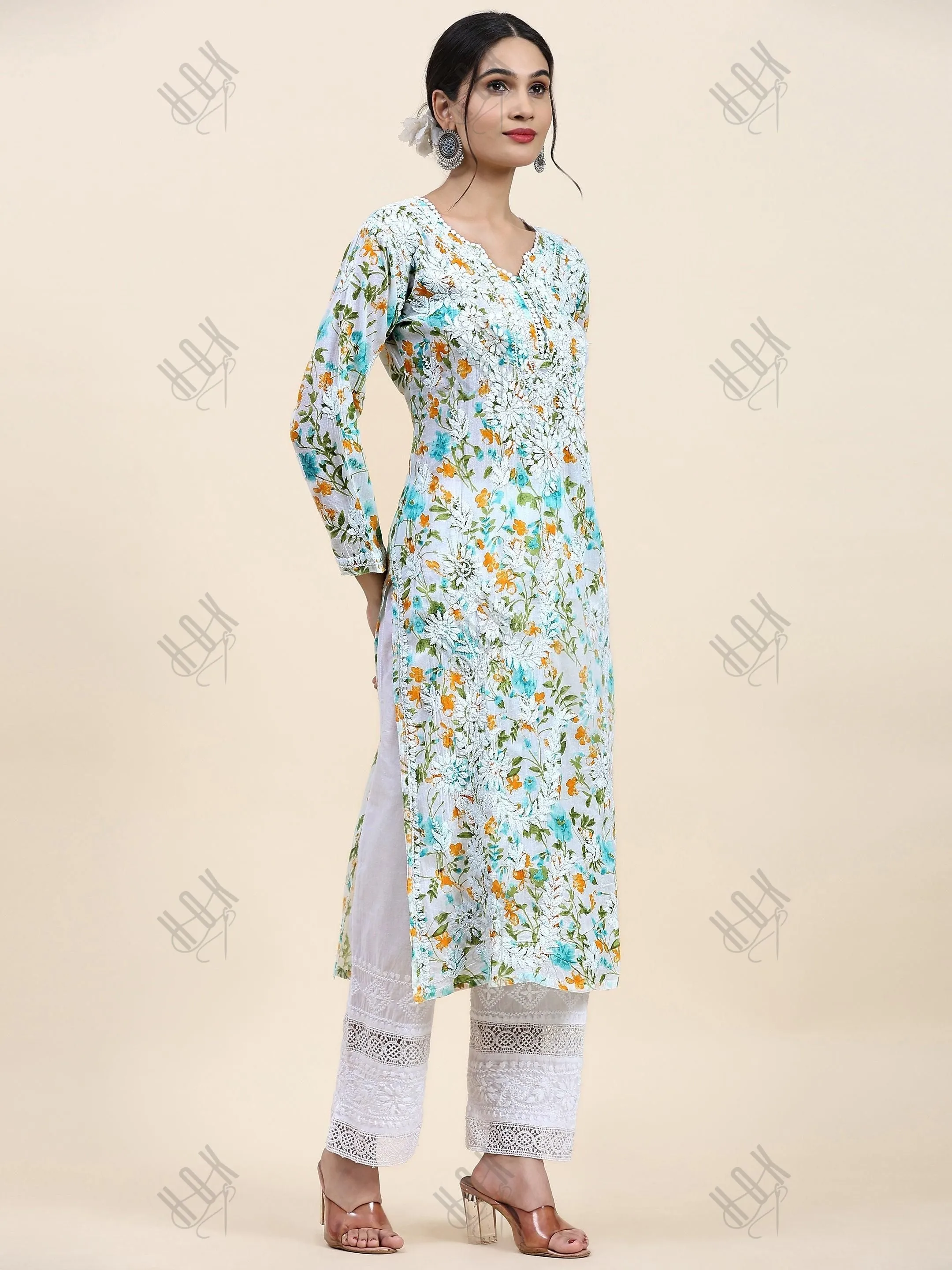 Sukruti in Charming Long Mul Cotton Kurta - Light Green with Yellow Flower