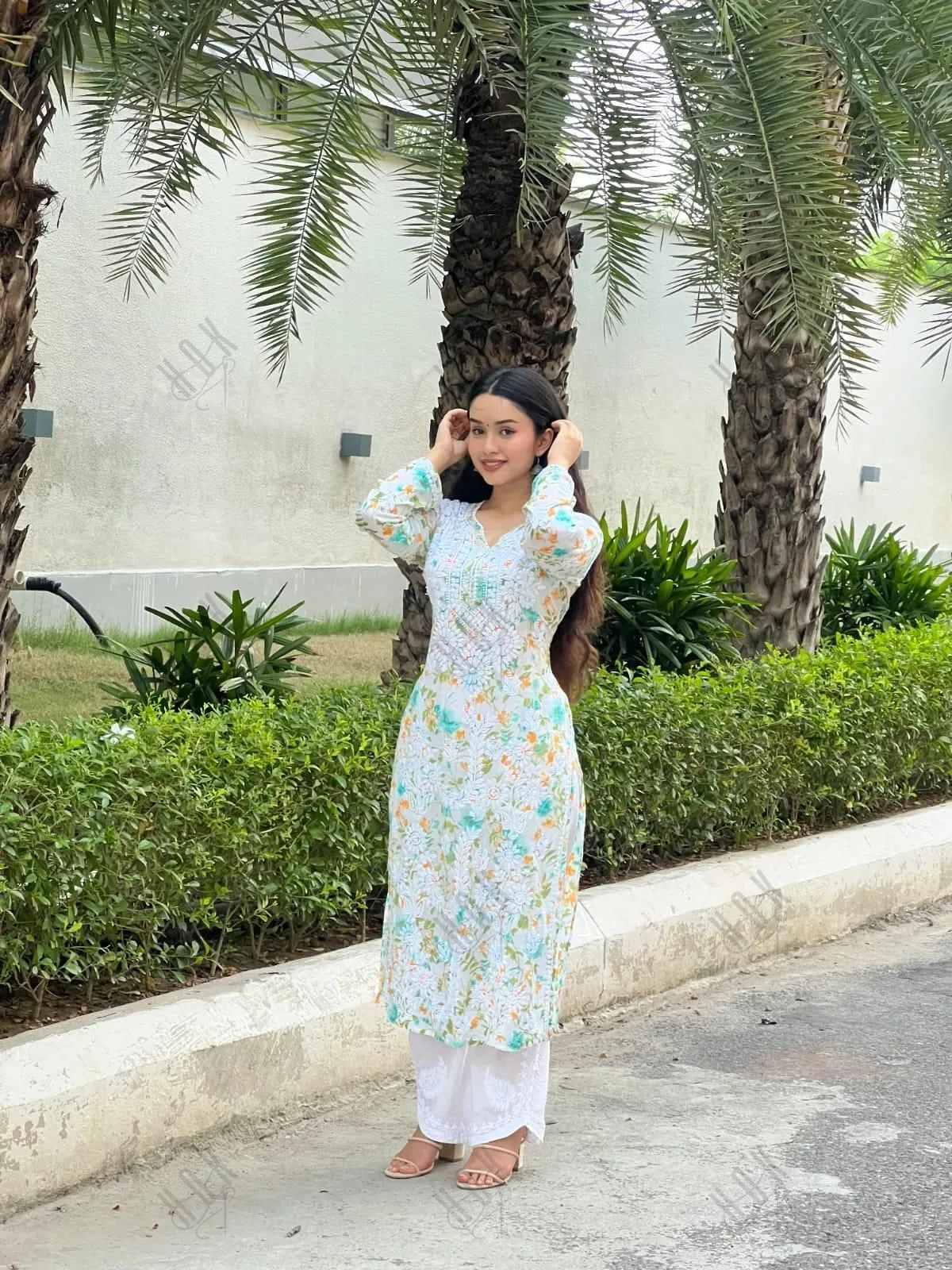 Sukruti in Charming Long Mul Cotton Kurta - Light Green with Yellow Flower