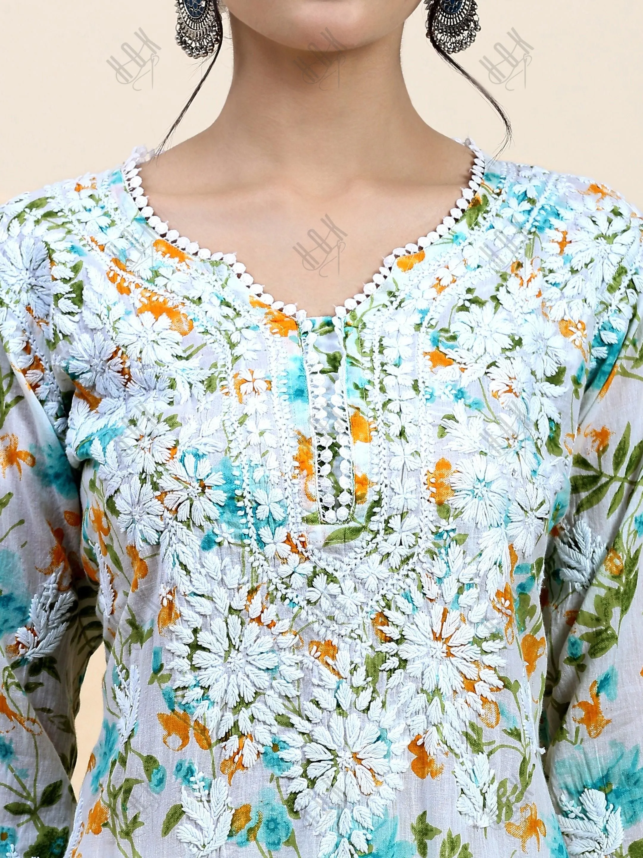 Sukruti in Charming Long Mul Cotton Kurta - Light Green with Yellow Flower