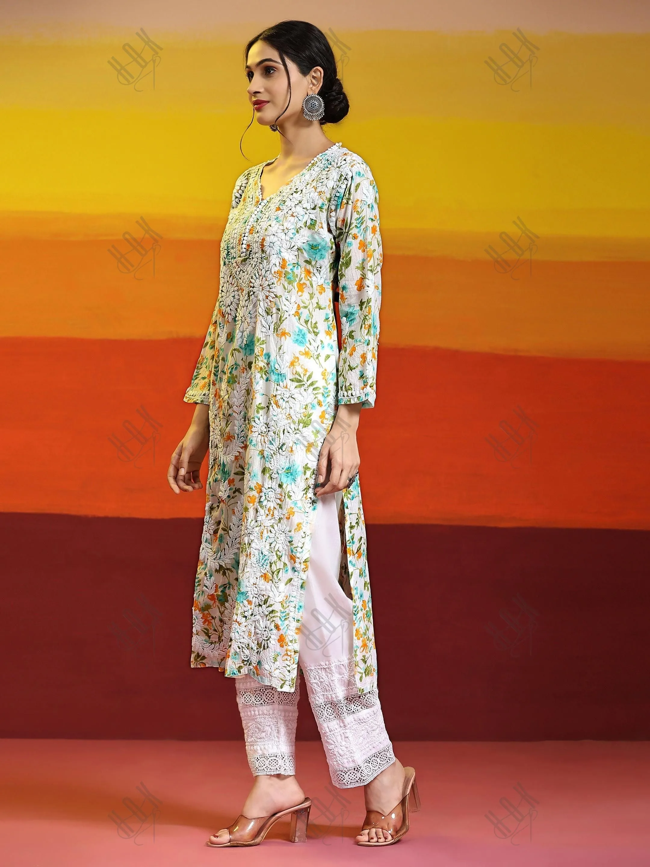 Sukruti in Charming Long Mul Cotton Kurta - Light Green with Yellow Flower
