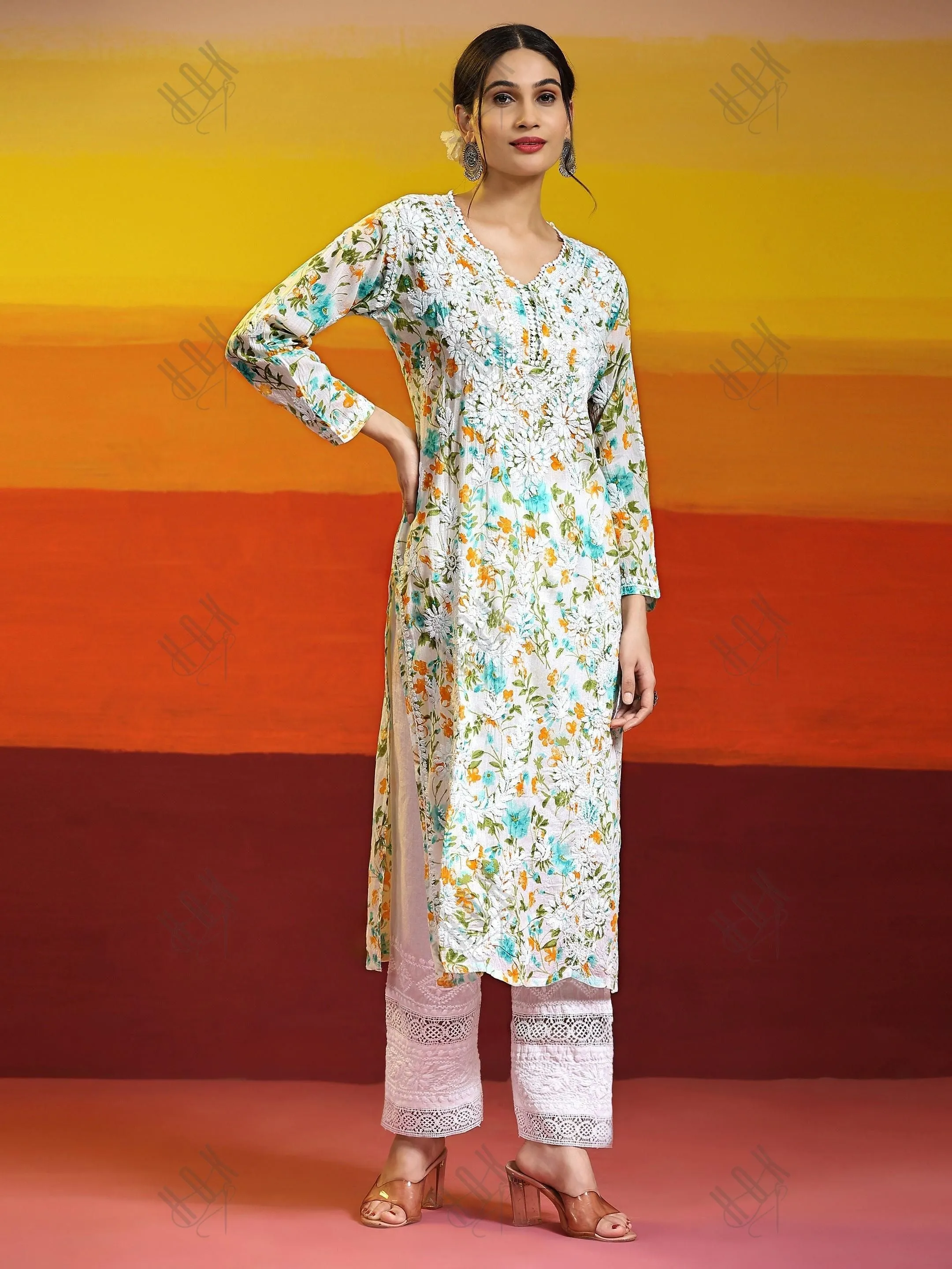 Sukruti in Charming Long Mul Cotton Kurta - Light Green with Yellow Flower